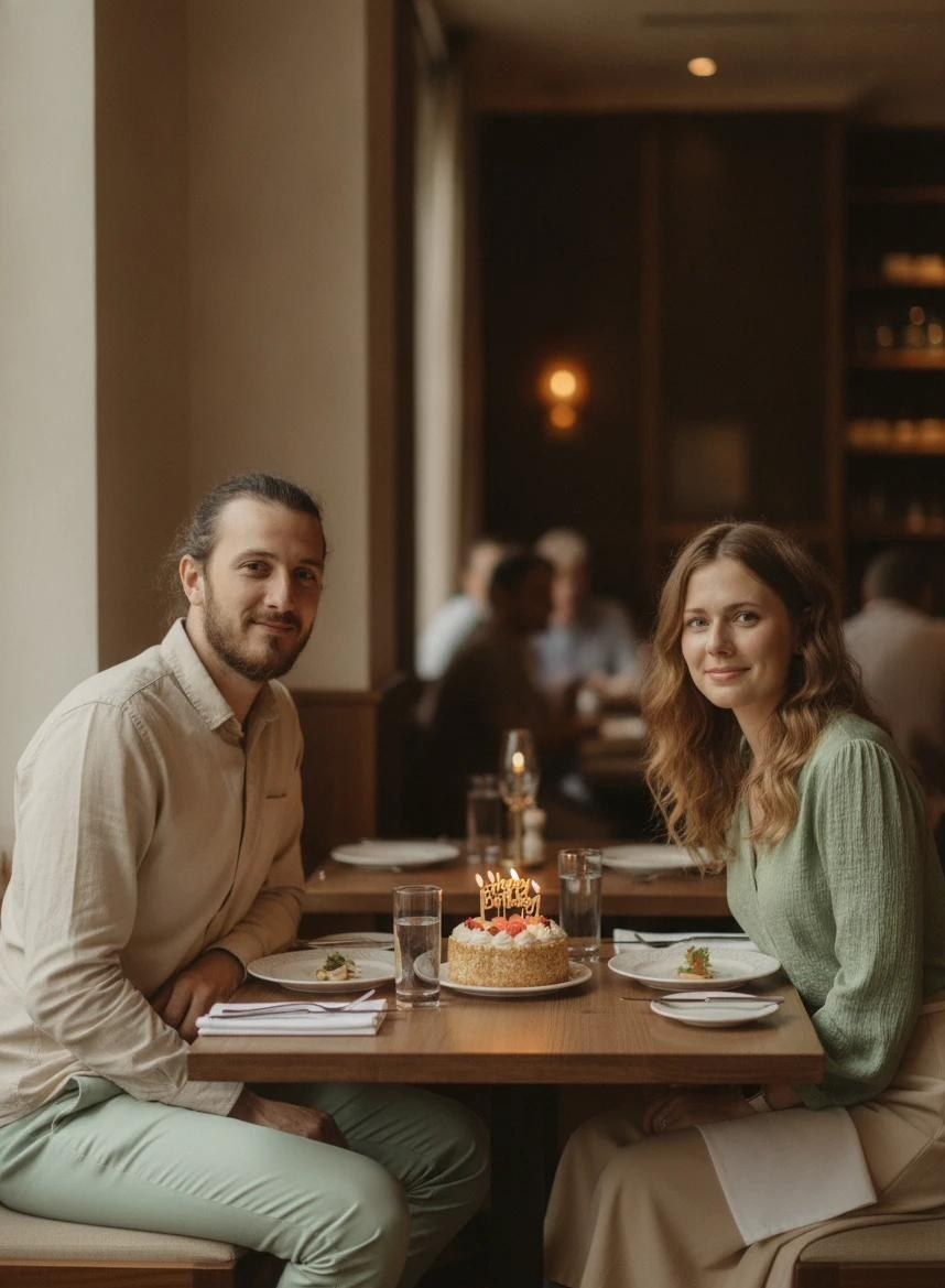 Karim and Nour close together at a lively bar, warm light and neon behind them.