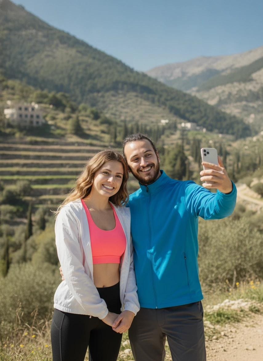Karim and Nour taking a selfie together on a mountain trail in Lebanon.
