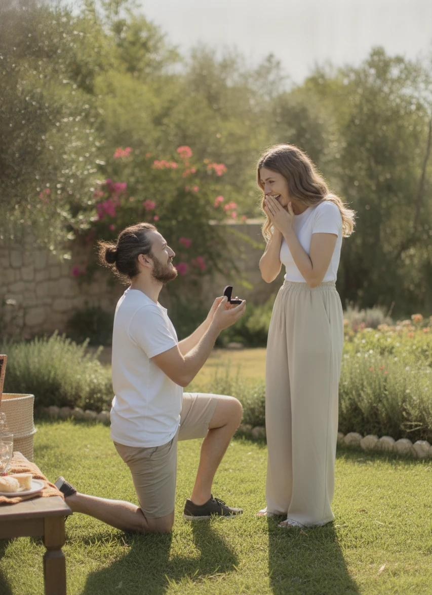 Karim kneeling to propose to Nour in a sunlit garden.