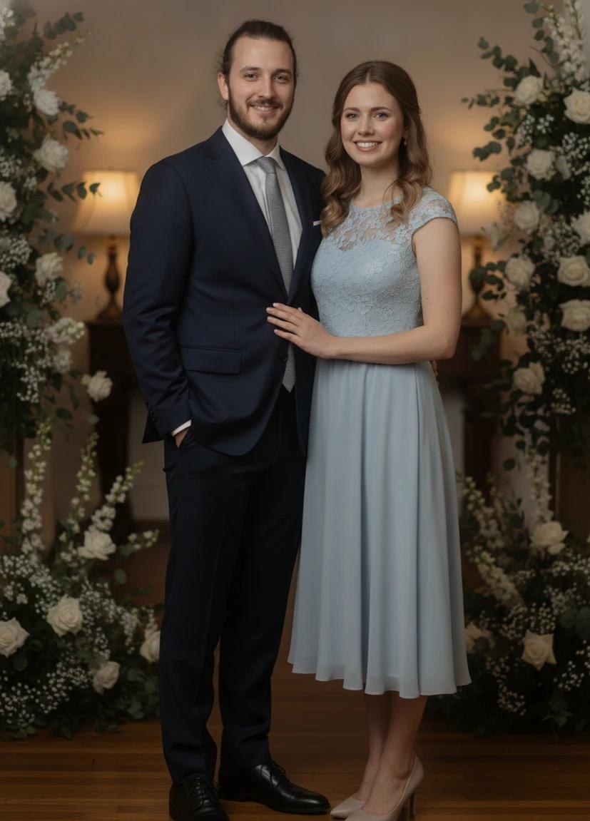 Karim and Nour posing together at their engagement celebration, surrounded by white florals.
